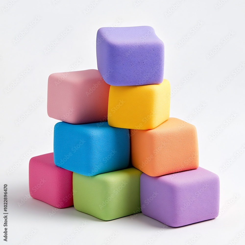 A stack of soft foam blocks in bright colors on a white background, ready for creative play A stack of soft foam blocks in bright colors on a white background, ready for creative play