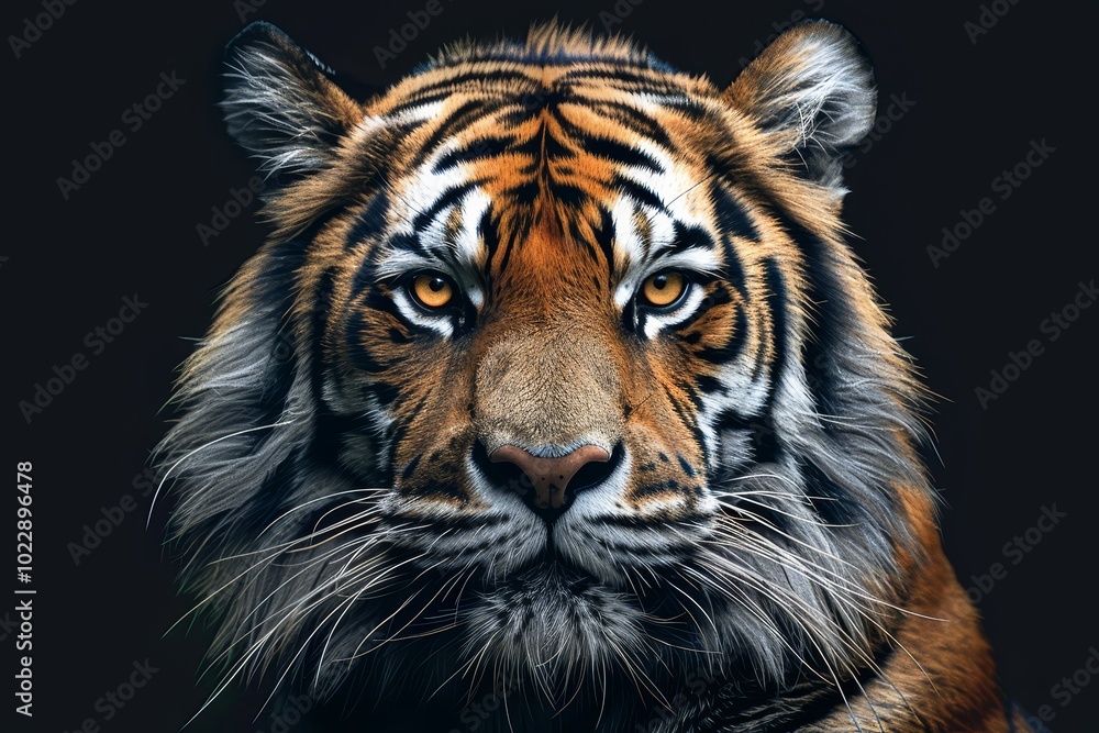 Fototapeta premium A powerful tiger with vivid orange and black stripes gazes directly at the viewer. Its intense eyes and prominent whiskers evoke strength and beauty in a dramatic setting.
