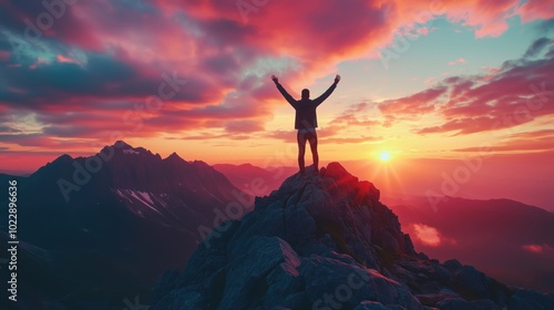 Mountain summit sunset silhouette, person celebrating victory