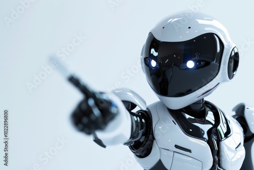 A sleek humanoid robot points decisively with its illuminated finger, emphasizing its advanced technology and futuristic design within a clean, minimalist environment. photo