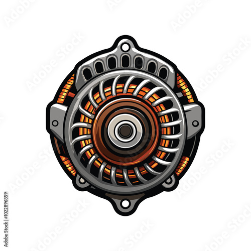 A detailed illustration of an alternator, showing its internal components and workings.