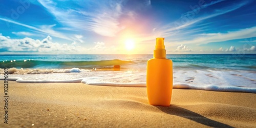 Vibrant Suncream Bottle on a Beach With Sand and Ocean Waves in the Background During Summer