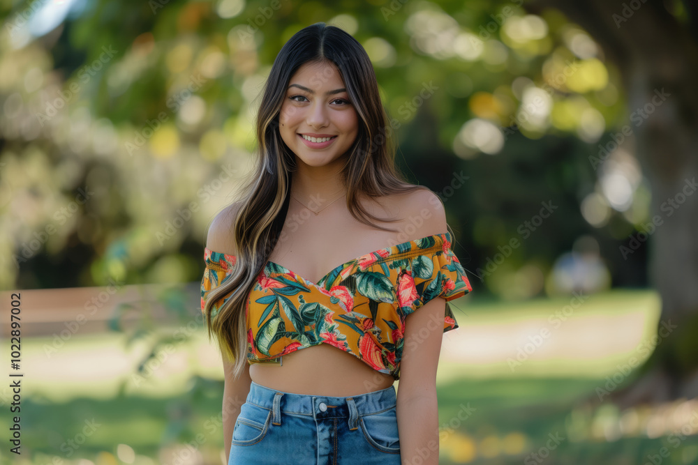 Fototapeta premium Brunette woman is wearing a yellow and green floral top and blue jeans