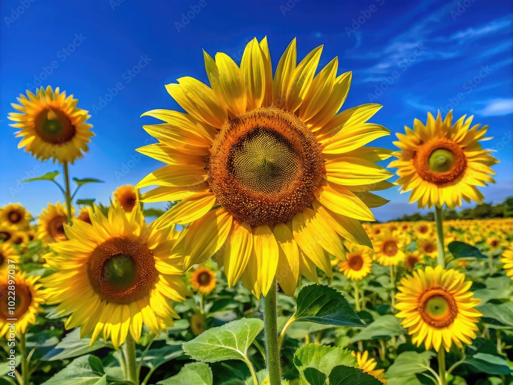 Vibrant Sunflowers in Full Bloom Against a Clear Blue Sky, Capturing Nature's Beauty and Joy Vibrant Sunflowers in Full Bloom Against a Clear Blue Sky, Capturing Nature's Beauty and Joy