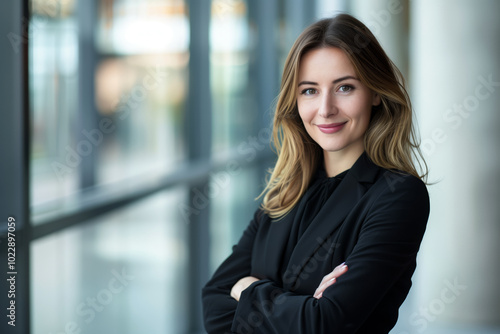 Businesswoman in a black suit is smiling and looking directly at the camera