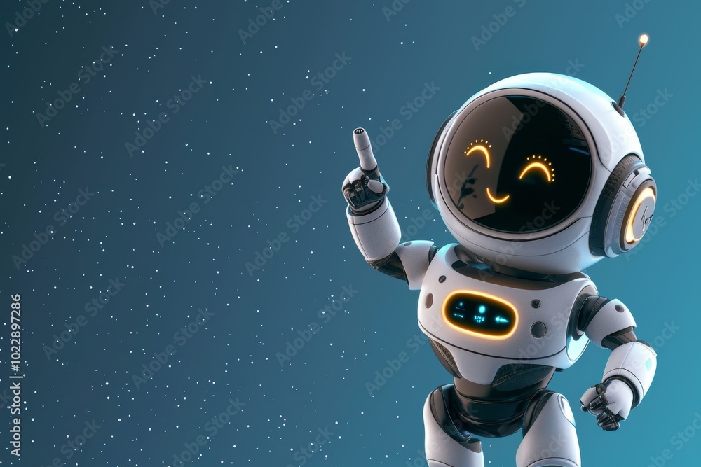 A friendly robot character joyfully points up at the starry sky ...