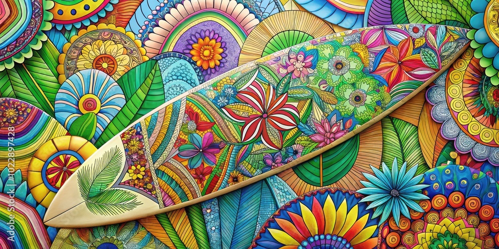 Fototapeta premium Vibrant Surfboard Coloring with Patterns and Shapes for Artistic Creativity and Design Inspiration