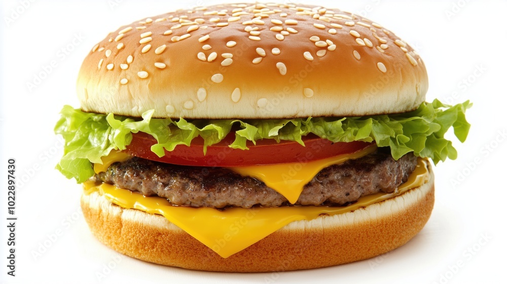 Juicy hamburger with sesame bun, lettuce, tomato, cheese Juicy hamburger with sesame bun, lettuce, tomato, cheese