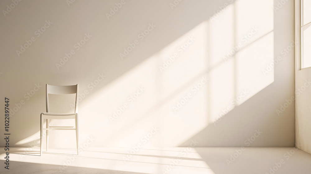 Minimalist chair with clean lines, set against a blank wall in a brightly lit modern interior Minimalist chair with clean lines, set against a blank wall in a brightly lit modern interior
