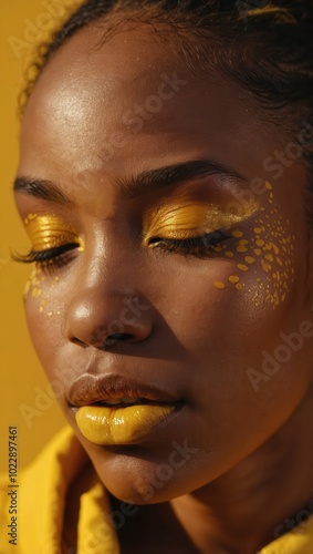 Artistic portrait of woman with gold eye makeup against yellow and gray backdrop