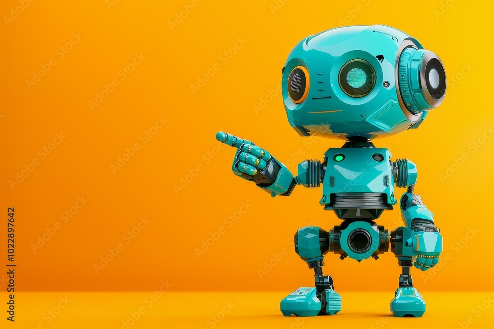 The turquoise robot stands confidently, pointing with one finger while its large, expressive eyes seem to scan the bright orange backdrop, adding an engaging presence. The turquoise robot stands confidently, pointing with one finger while its large, expressive eyes seem to scan the bright orange backdrop, adding an engaging presence.