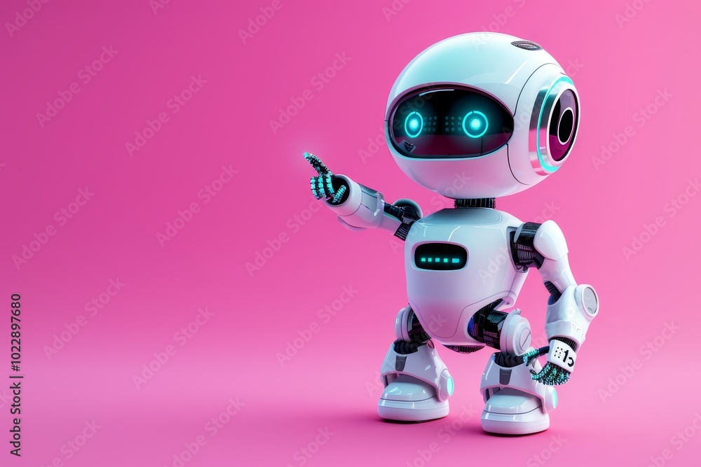 A small, friendly robot with glowing blue eyes and a sleek design points playfully against a vivid pink background, embodying a charming and futuristic aesthetic. A small, friendly robot with glowing blue eyes and a sleek design points playfully against a vivid pink background, embodying a charming and futuristic aesthetic.