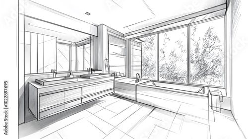 Sketches of a bathroom interior design, featuring a perspective view with a double sink and bathtub, a large mirror, and a modern style