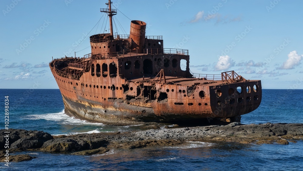  rusted, abandoned shipwreck situated on a rocky shoreline against a backdrop of the ocean