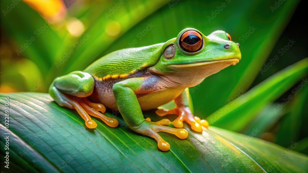 Vibrant Tadpole Tree Frog Sitting on a Leaf in a Lush Green Environment with Natural Lighting Vibrant Tadpole Tree Frog Sitting on a Leaf in a Lush Green Environment with Natural Lighting