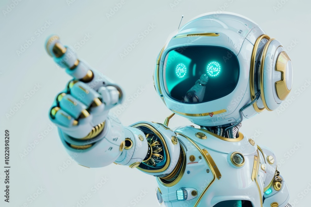 A humanoid robot with a sleek, white exterior and glowing blue eyes gestures confidently, showcasing its advanced design and technology amidst a minimalistic backdrop. A humanoid robot with a sleek, white exterior and glowing blue eyes gestures confidently, showcasing its advanced design and technology amidst a minimalistic backdrop.