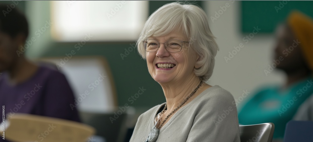 Fototapeta premium Woman in a purple sweater is sitting in a classroom. She is looking at a book. There are other people in the room. There are other people in the background. senior woman attending a college class