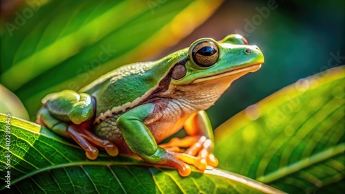 Vibrant Texas Tree Frog Sitting on a Green Leaf in its Natural Habitat in the Warm Southern Sunlight