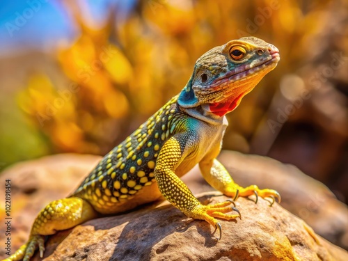 Vibrant Texas Yellow Spotted Lizard Sunbathing on a Rock in its Natural Desert Habitat