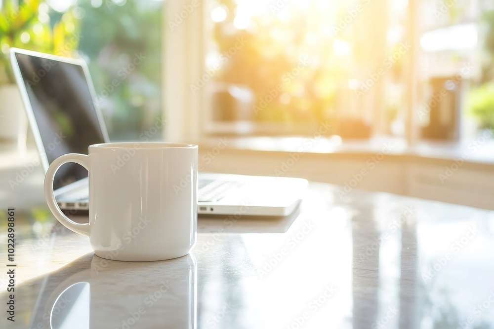 A coffee mug beside a sleek laptop on a marble countertop, bright light, modern kitchen background. A coffee mug beside a sleek laptop on a marble countertop, bright light, modern kitchen background.
