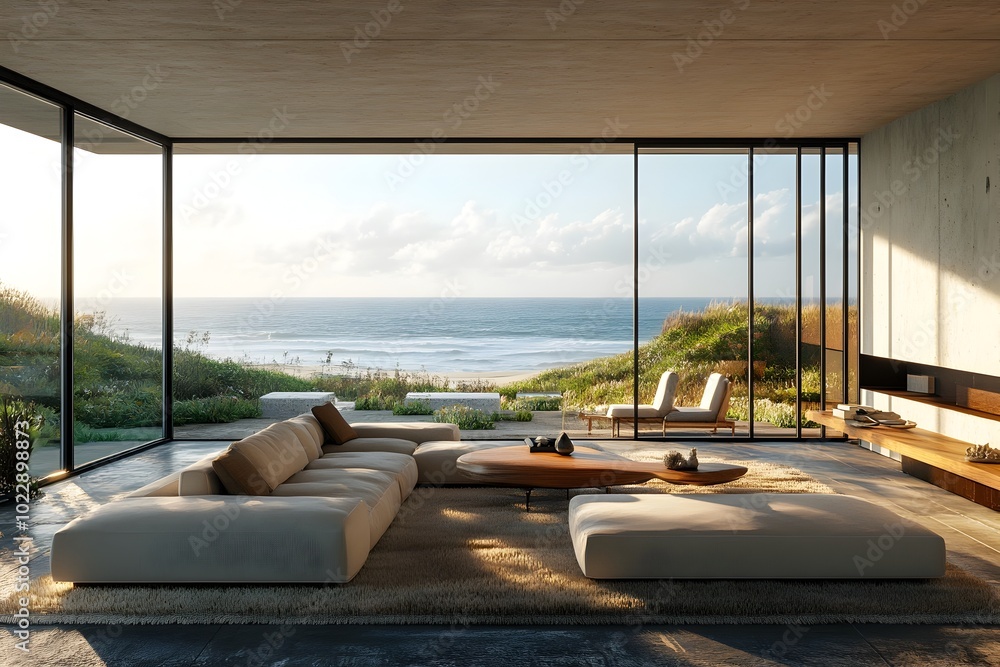 Fototapeta premium Luxurious Beach House Living Room with Panoramic Ocean View in Modern Architectural Design
