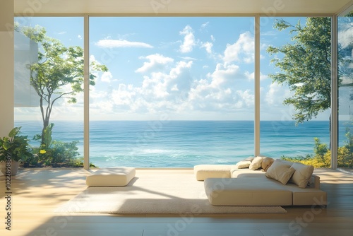 Luxury Beach House Living Room with Panoramic Ocean View and Minimalist Decor