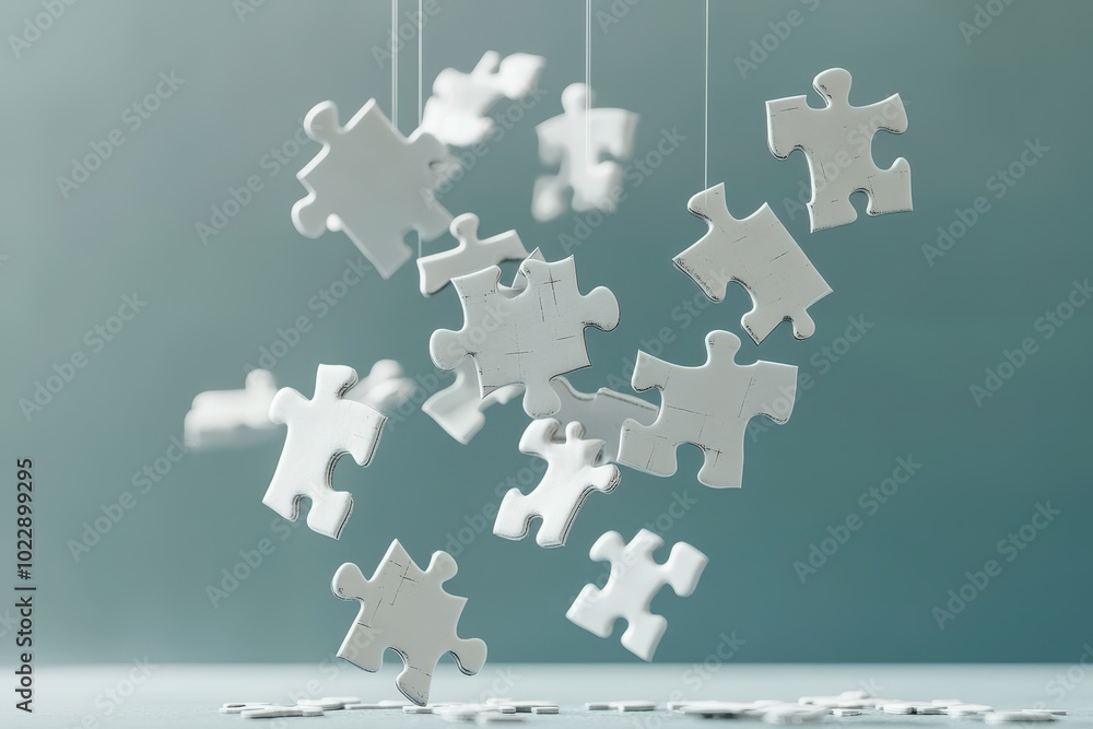 Fototapeta premium A pile of white jigsaw puzzle pieces scattered on a background