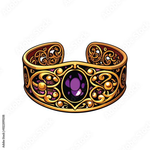 A vector illustration of a luxurious gold cuff bracelet adorned with intricate details and a purple gemstone.