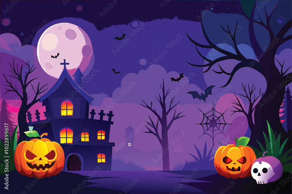 Fototapeta premium Halloween Night Purple Sky Haunted House