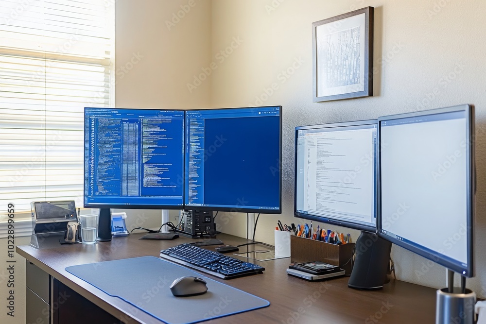 A well equipped workspace with multiple monitors a comfortable keyboard and mouse and plenty of natural light A well equipped workspace with multiple monitors a comfortable keyboard and mouse and plenty of natural light