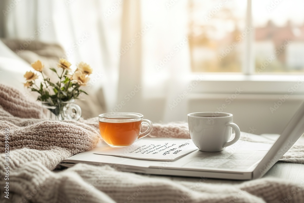 A to-do list beside a laptop and cup of tea, bright light, cozy blanket background. A to-do list beside a laptop and cup of tea, bright light, cozy blanket background.