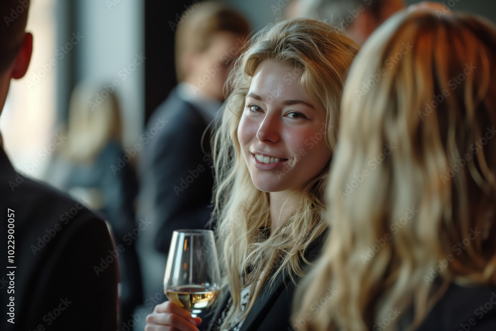 Photo of a blonde female sommelier tasting wine at an event in Italy. People around her are enjoying red and white wine glasses. Photo of a blonde female sommelier tasting wine at an event in Italy. People around her are enjoying red and white wine glasses.