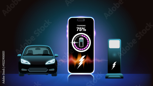 Smart EV Charger Mobile App: Easily Manage Electric Vehicle Charging Stations on Your Smartphone – Vector Illustration