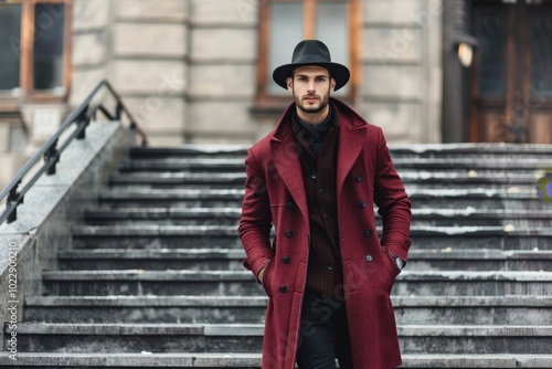 A well-dressed man strolls down stone steps in a stylish maroon coat and black hat, showcasing his fashion sense amidst the winter atmosphere of the city.