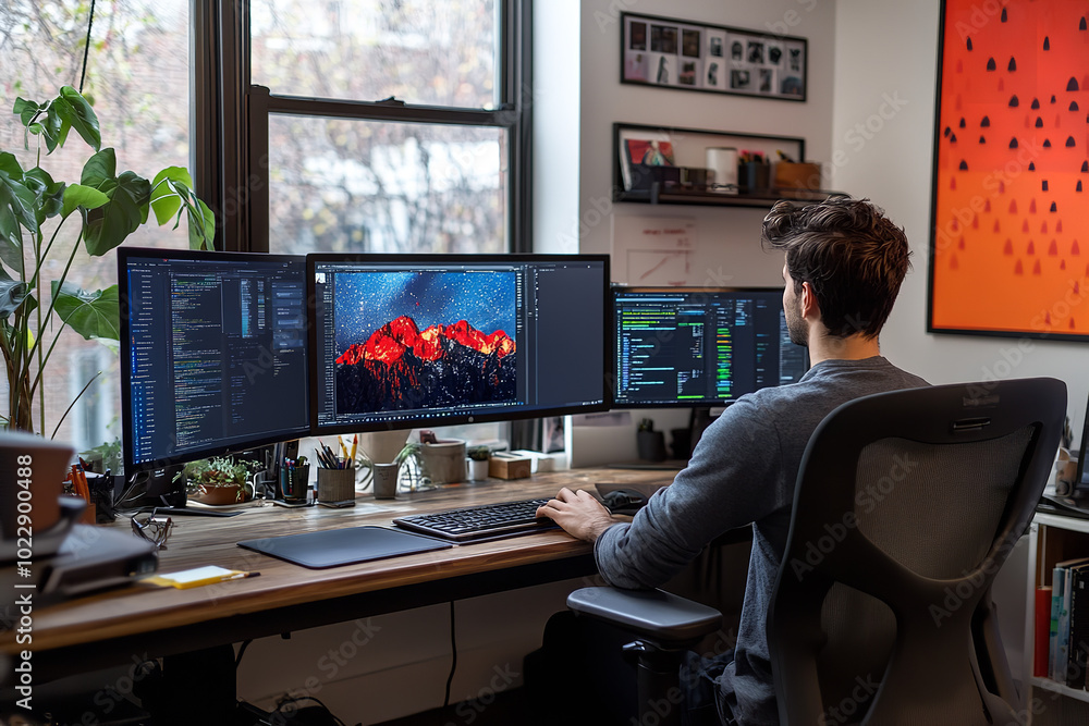 Tech-Driven Graphic Designer Workspace with Ergonomic Design Tech-Driven Graphic Designer Workspace with Ergonomic Design