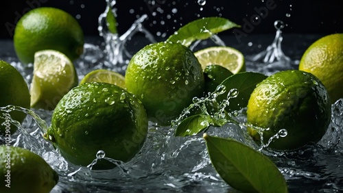 Set of fresh delicious limes splashing with leaves, cut out
 photo