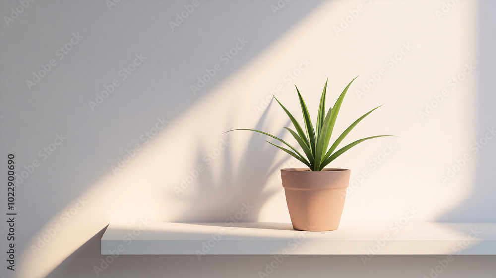 Minimalist houseplant in a simple clay pot on a sleek, white shelf, with empty wall space around it and soft shadowing from overhead lighting Minimalist houseplant in a simple clay pot on a sleek, white shelf, with empty wall space around it and soft shadowing from overhead lighting