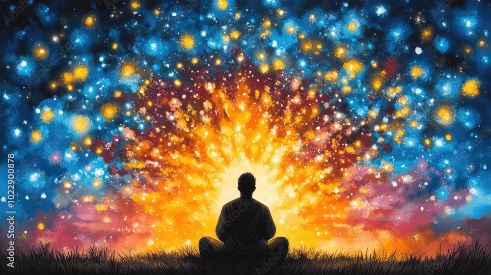 Silhouette in meditation amidst vibrant cosmic explosion of colors Silhouette in meditation amidst vibrant cosmic explosion of colors