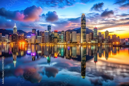 Vibrant Victoria Harbour at Twilight Featuring City Lights, Water Reflection, and Serene Atmosphere