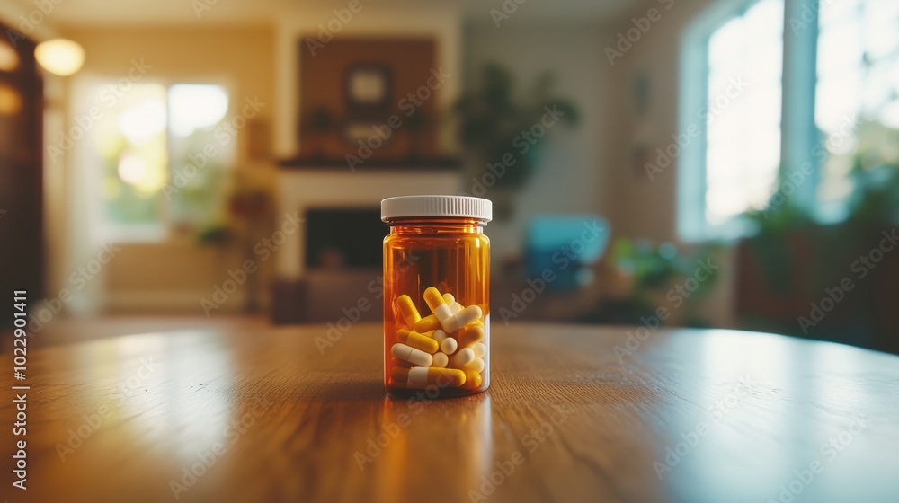 Pill bottle on wooden table in cozy room, natural light Pill bottle on wooden table in cozy room, natural light