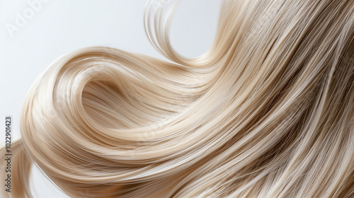 A close-up, top view of platinum blonde hair extensions displayed on a white background