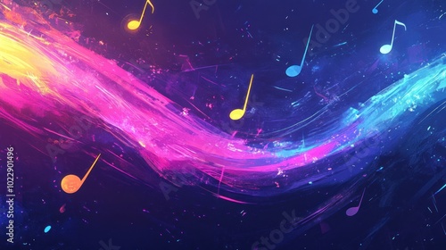 A vibrant abstract design featuring musical notes against a colorful background.