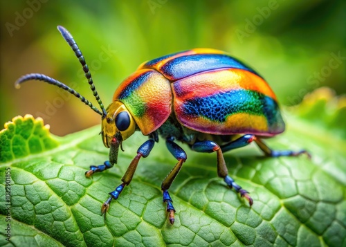 Vibrant Watermelon Beetle Crawling on Leaf in Natural Habitat with Bright Colors and Intricate Detail