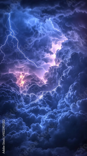 Mysterious blue purple dark clouds illuminated by lightning flashes, phone wallpaper background