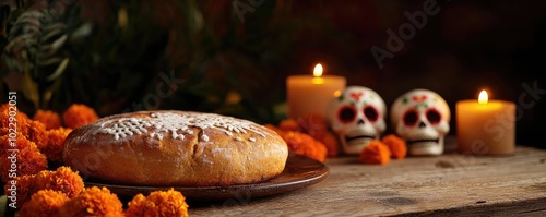 A traditional altar display featuring sweet bread, candles, marigolds, and decorative skulls, celebrating cultural heritage.