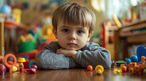 Child playing with toys in colorful room, thoughtful expression