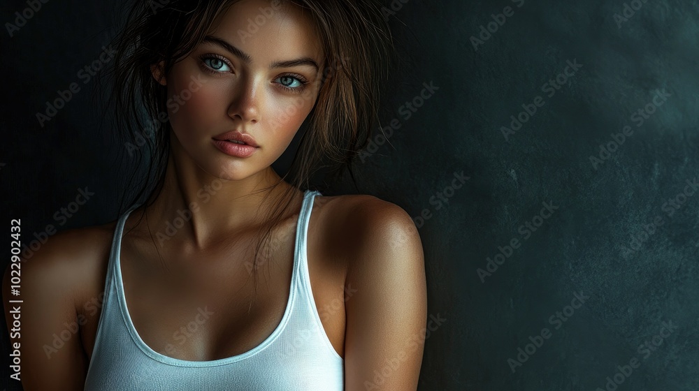 Beautiful woman in white T-shirt Female breast dark background Beautiful woman in white T-shirt Female breast dark background
