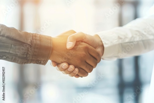 Two individuals are engaged in a handshake, symbolizing a successful agreement or collaboration in a well-lit contemporary office environment.