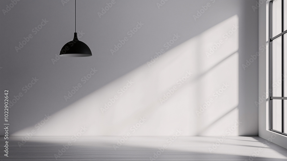 Minimalist room with a single black pendant light casting shadows on a plain white wall Minimalist room with a single black pendant light casting shadows on a plain white wall