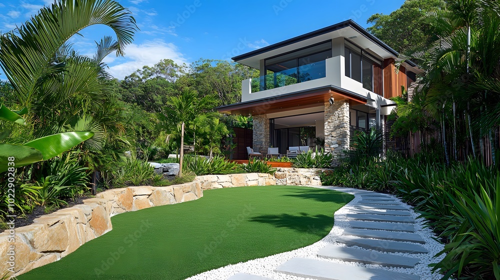 Beautiful home with a modern front yard design featuring artificial grass, a pebble edge, and tropical plants Beautiful home with a modern front yard design featuring artificial grass, a pebble edge, and tropical plants